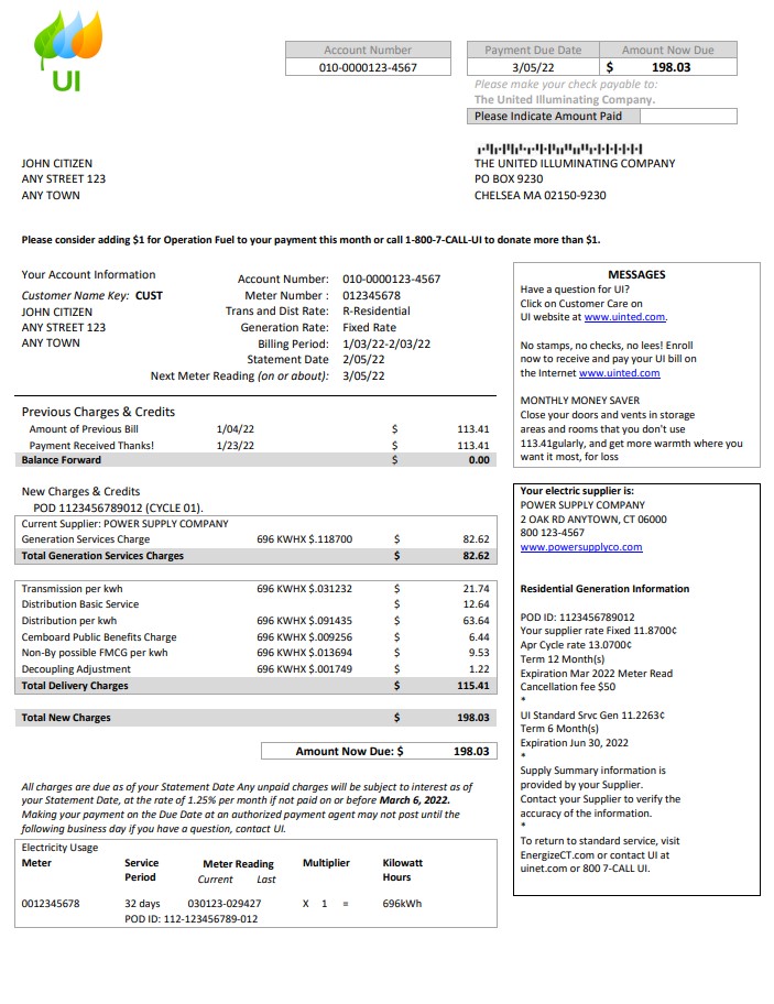 USA Massachusetts Chelsea UI The United Illuminating Company utility bill Word and PDF template